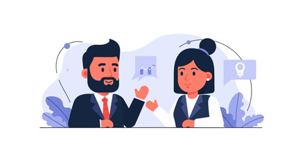 Business man and woman collaborating, discussing ideas, and analyzing growth data. Ideal for concepts of teamwork, innovation, and corporate strategy.