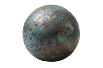 Rusted Iron Ball with Blue-Green Patina on Transparent Background