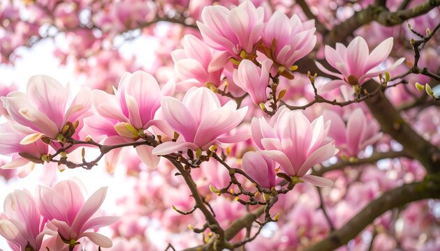 A delicate display of springtime magnolias, showcasing a profusion of soft pink blossoms against a backdrop of branches and sky.