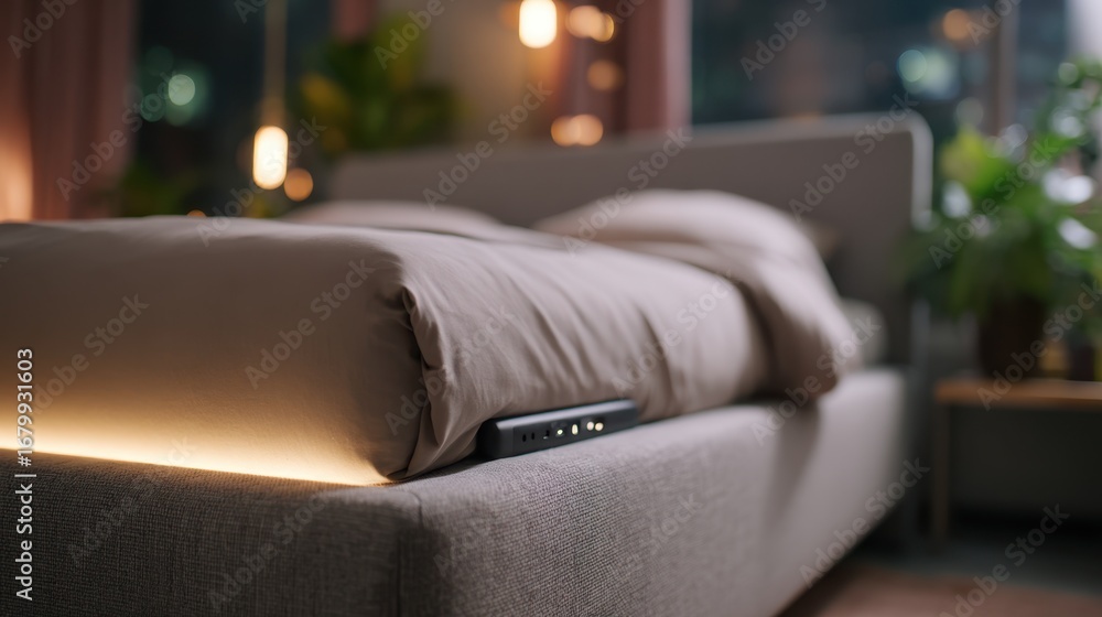Poster medium shot showcasing a techsavvy bed frame with concealed usb and power outlets ambient lighting s