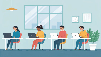 Obraz premium Diverse team of professionals focused on laptops in a modern office. Illustrates productivity, collaboration, and digital work environment for business and education.