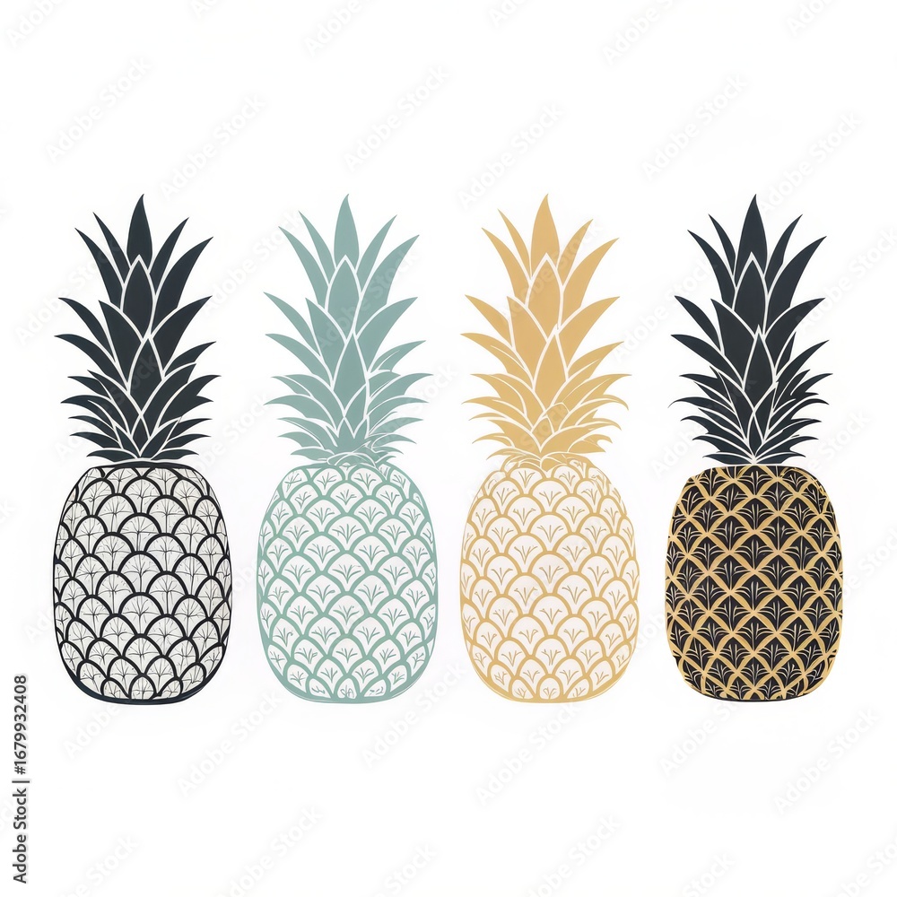 Poster four colorful pineapples isolated on white background in a row design