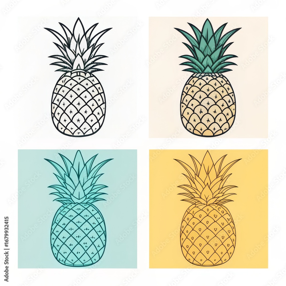Poster four colorful pineapples in square frames on white background design