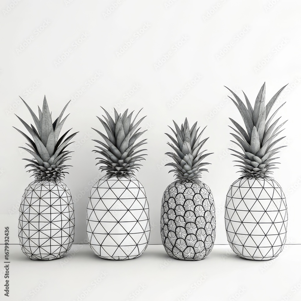 Poster four monochrome pineapples with different patterns isolated on white background