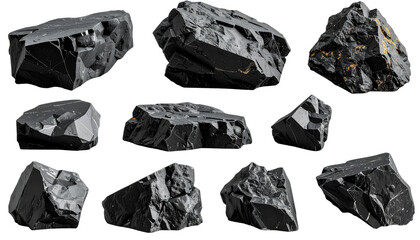 Collection of fragmented dark grey rock formations, some with orange mineral inclusions