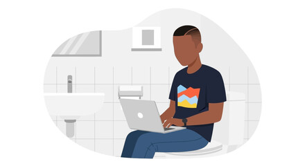 Young man working on a laptop while sitting on a toilet, illustrating remote work, multitasking, and informal productivity in a home bathroom setting.