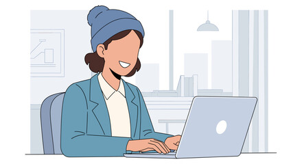 Happy woman in a beanie working on a laptop in a modern office or remote setting, representing productivity, freelance work, and digital lifestyle. Ideal for business and technology themes.