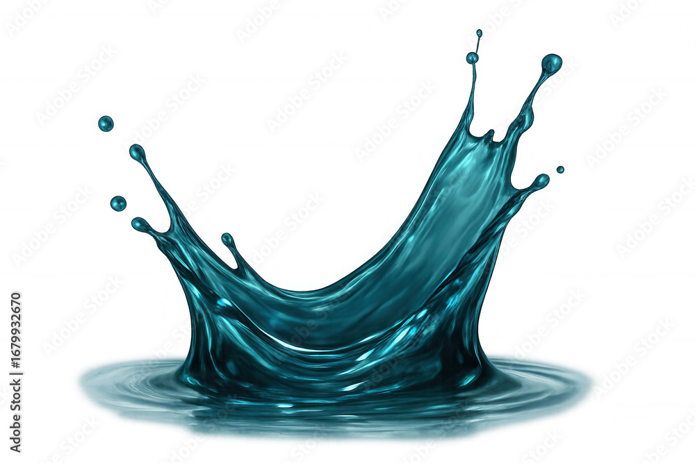 Poster beautiful blue liquid splashing and making elegant shapes with droplets on a transparent background