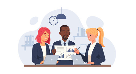 Diverse business team collaborating in an office meeting, analyzing financial data and charts on laptops and documents. Ideal for corporate teamwork concepts.