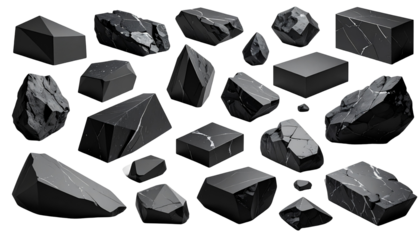 A collection of dark, geometrically-shaped and irregularly-shaped stones, some appearing polished, others rough and fractured, set against a black background