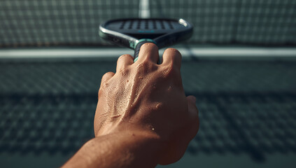 Close-up of a hand holding a paddle tennis racket against a blurry net background, showcasing grip and texture.
