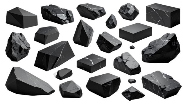 A collection of dark, geometrically-shaped and irregularly-shaped stones, some appearing polished, others rough and fractured, set against a black background