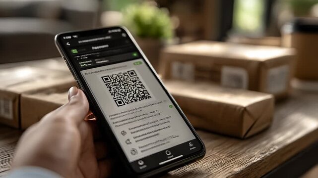 Scanning QR Code on Smartphone for Package Delivery Confirmation, Person Holding Phone, Brown Boxes on Wooden Table, Modern Technology