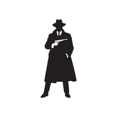 Black silhouette of a man in a fedora and trench coat holding a pistol black and white