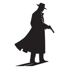 Silhouette of a man in a fedora and trench coat holding a handgun male person
