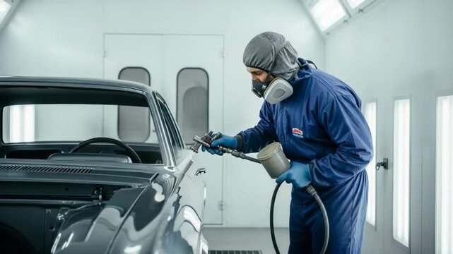 Professional Vehicle Painter Applying Finish in Auto Shop Environment