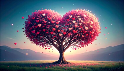 Romantic heart shaped tree in a dreamy landscape symbolizing love and valentines