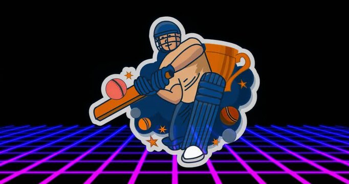 Opening showing flat batsman swinging bat on neon grid with floating balls and trophy looping motif