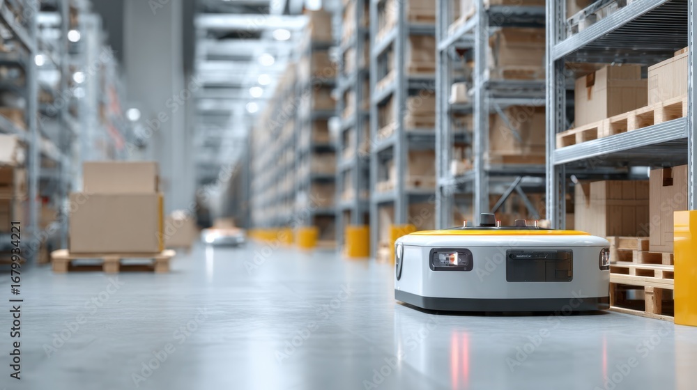Poster medium shot of autonomous warehouse robot in clear focus navigating aisles with blurred racks and bi