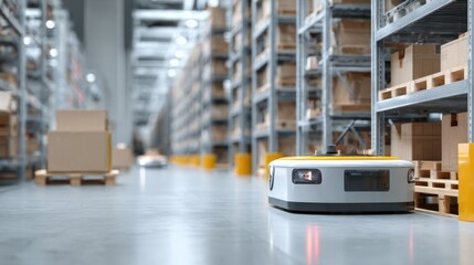 Medium shot of autonomous warehouse robot in clear focus navigating aisles with blurred racks and bins in the background illustrating automated inventory management.
