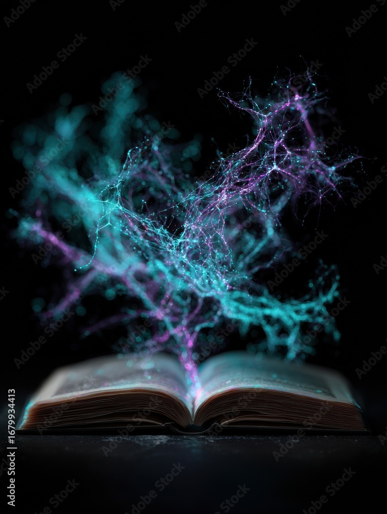 Aufkleber digital illustration of a book with glowing energy and abstract patterns emerging from its pages