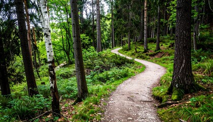 Fototapeta premium A winding trail meanders through a lush forest, dappled with sunlight, showcasing the vibrant greenery and mature trees.
