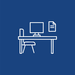 Fototapeta premium Minimalist workspace featuring a computer on a desk with a chair and a document, ideal for remote work or study settings