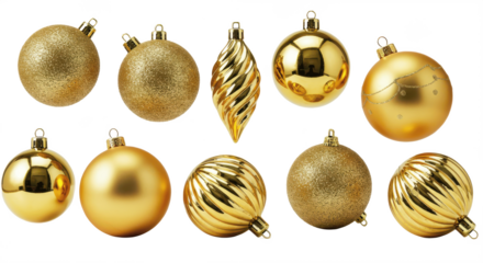 set of golden ornaments png, golden christmas balls isolated on white background 