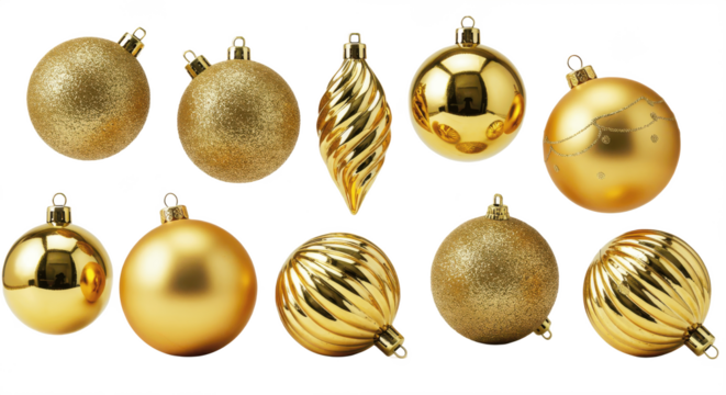 set of golden ornaments png, golden christmas balls isolated on white background 