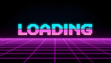 Retro-style digital artwork featuring the word "LOADING" in pixelated, vibrant colors, set against a grid.