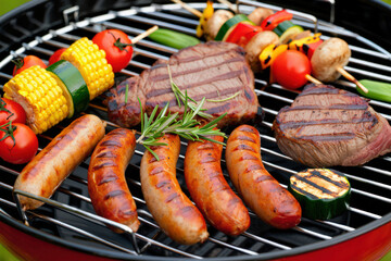 Sizzling Summer Grill Feast A Vibrant Array of Grilled Delights Featuring Juicy Steaks, Succulent Sausages, and Colorful Vegetable Skewers on a Hot Grill