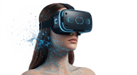 Woman Wearing Virtual Reality Headset with Digital Effects – Isolated on White Background