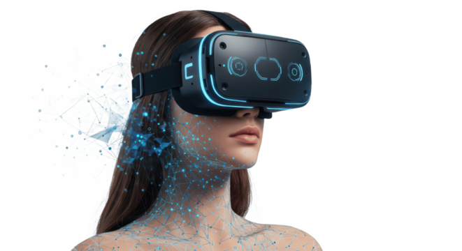 Woman Wearing Virtual Reality Headset with Digital Effects – Isolated on White Background