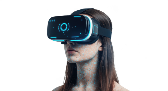 Woman Wearing Virtual Reality Headset with Digital Effects – Isolated on White Background