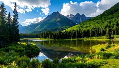 A serene mountain lake reflects the surrounding peaks and lush forests under a vibrant sky.