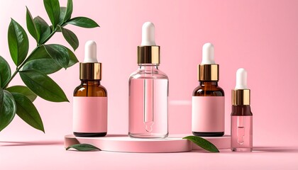 Skincare products displayed on a pink pedestal, with green leaves