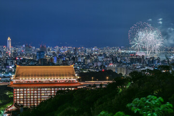 Landscape Night View Of Taipei City With Fireworks Of Taipei Summer Festival From Jiantanshan Hiking Trail, Yanping Riverside Park (Dadaocheng Wharf), Taipei, Taiwan