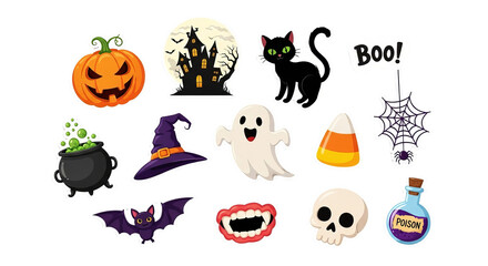 Halloween themed stickers including a pumpkin, ghost, and haunted house are presented against a .