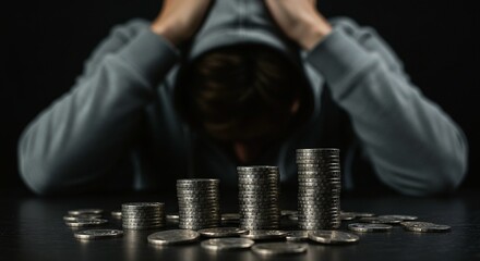 Financial Distress: Stacks of coins diminish as a person in a hoodie expresses worry, symbolizing economic hardship and financial stress.