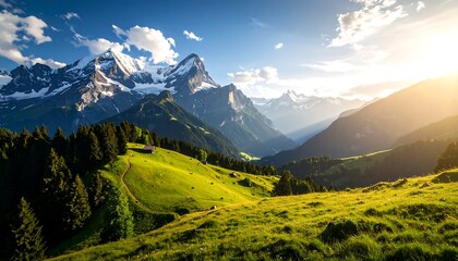Obraz premium Panoramic View of Swiss Alps, Scenic Landscape with Meadows at Sunset