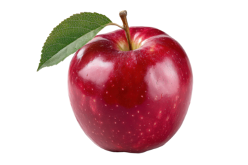 Glossy Red Apple with Leaf on Transparent Background