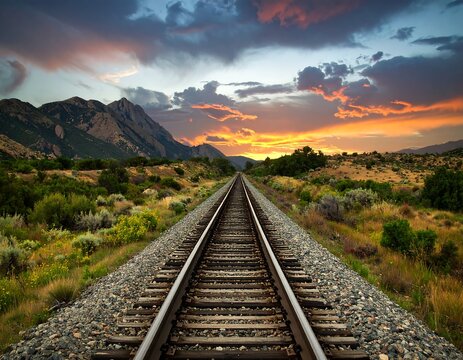 A scenic railroad track stretches into a golden sunset landscape, framed by mountains and colorful vegetation.