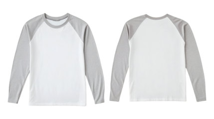 Plain Light Gray Sleeve and White Body of Long Sleeve Raglan T-Shirt Mockup Featuring Front and Back Views, High-Quality Digital Rendering for Apparel Design Presentation on Transparent Background