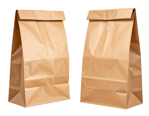 Two closed, standing brown paper bags with folded tops against a black background