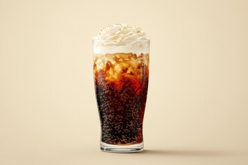 A tall glass of dark, bubbly soda topped with a generous mound of whipped cream and a sprinkle of golden specks, set against a pale beige background.  The ice is visible through the dark liquid