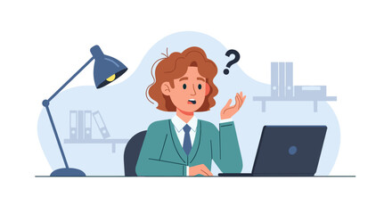 Confused businesswoman at her desk with a laptop, pondering a problem or seeking answers. Ideal for business challenges, decision-making, or support concepts.