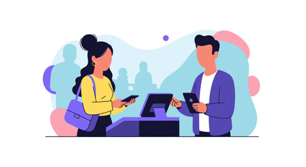 Two people using smartphones for a seamless digital payment at a modern service counter, illustrating convenient mobile commerce and transaction technology for retail business.