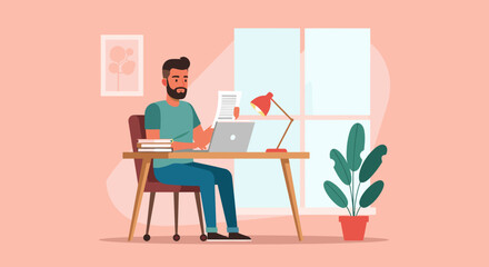 Bearded man focused on work at his home office desk with laptop and documents. Ideal for remote work, education, or freelance concepts.