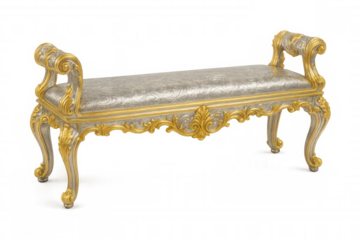 Luxurious baroque bench featuring ornate silver-gold carved wooden frame, elegant padded seating, transparent isolated background