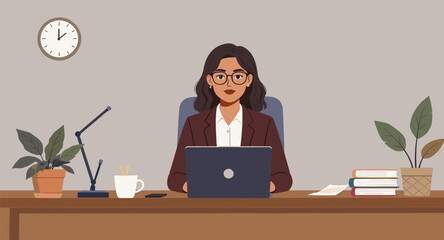 Focused professional woman working diligently at her modern office desk with a laptop, reflecting productivity and a dedicated business lifestyle.